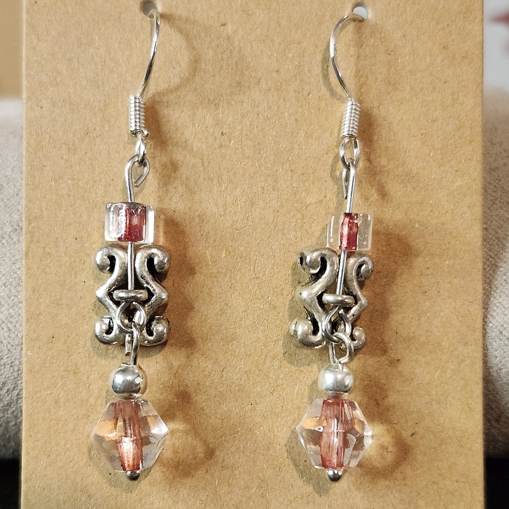 Sterling Silver Hook Earrings With Clear/pink Beads